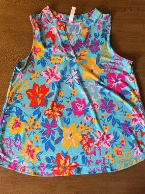 Dear Scarlett Blue Tank Top with Yellow Orange Flowers - Size Medium